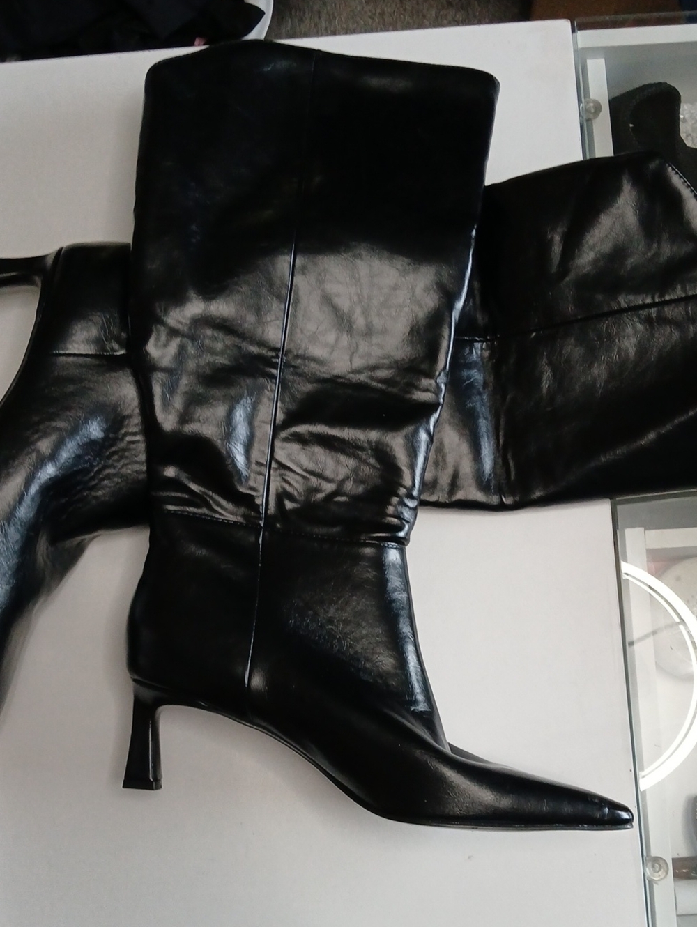Nine West Black Leather Knee-High Pointed Toe Kitten Heel Boots
